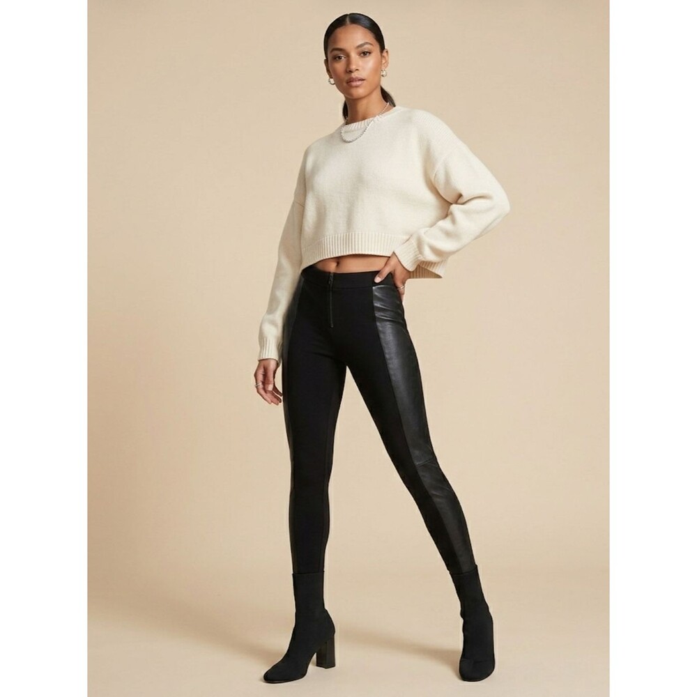 Alice + Olivia Women Leggings Skinny Pants Leather Panels Black Size 6 Moto Edgy - Picture 1 of 14